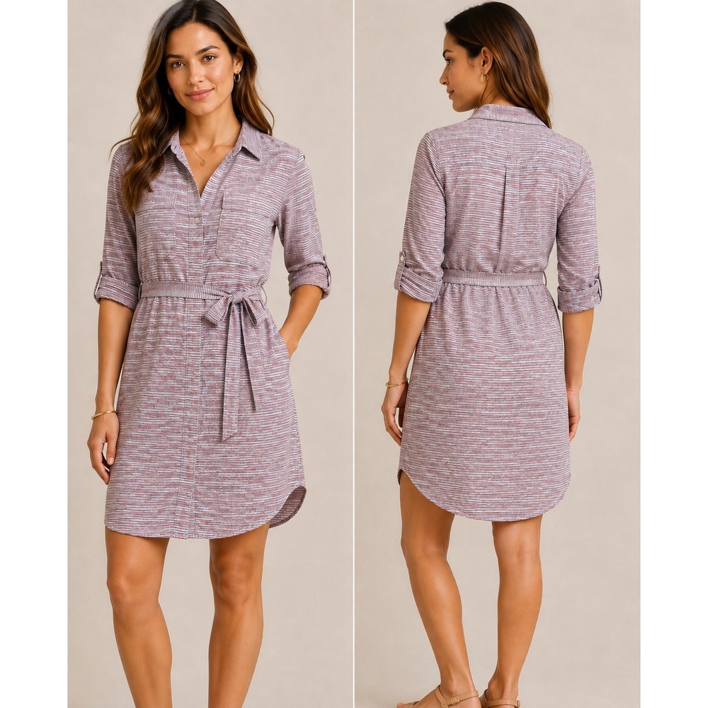 11.1 Tylho Womens Red Blue Striped Button Front Tie‎ Waist Shirt Dress Medium